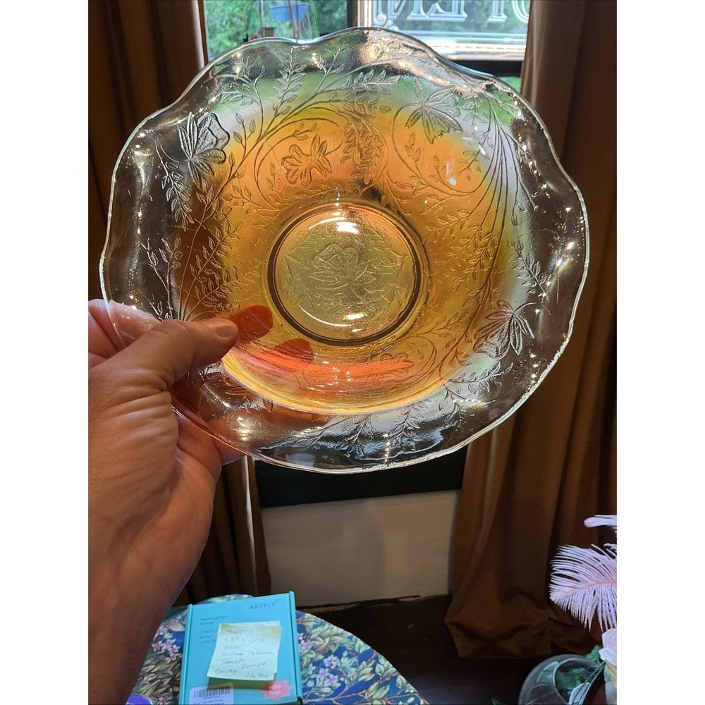 VTG Jeanette Glass Marigold LOUISA Carnival Glass Ruffled 9.5" Bowl